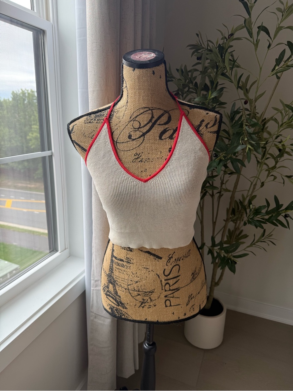 Free People Cream Knit Halter Crop Top with Red Trim
